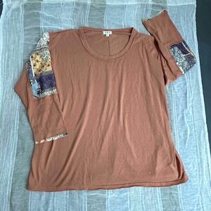 POL Top Women Large Brown Patchwork Floral Sleeve Scoop Neck Long Sleeve GKT413